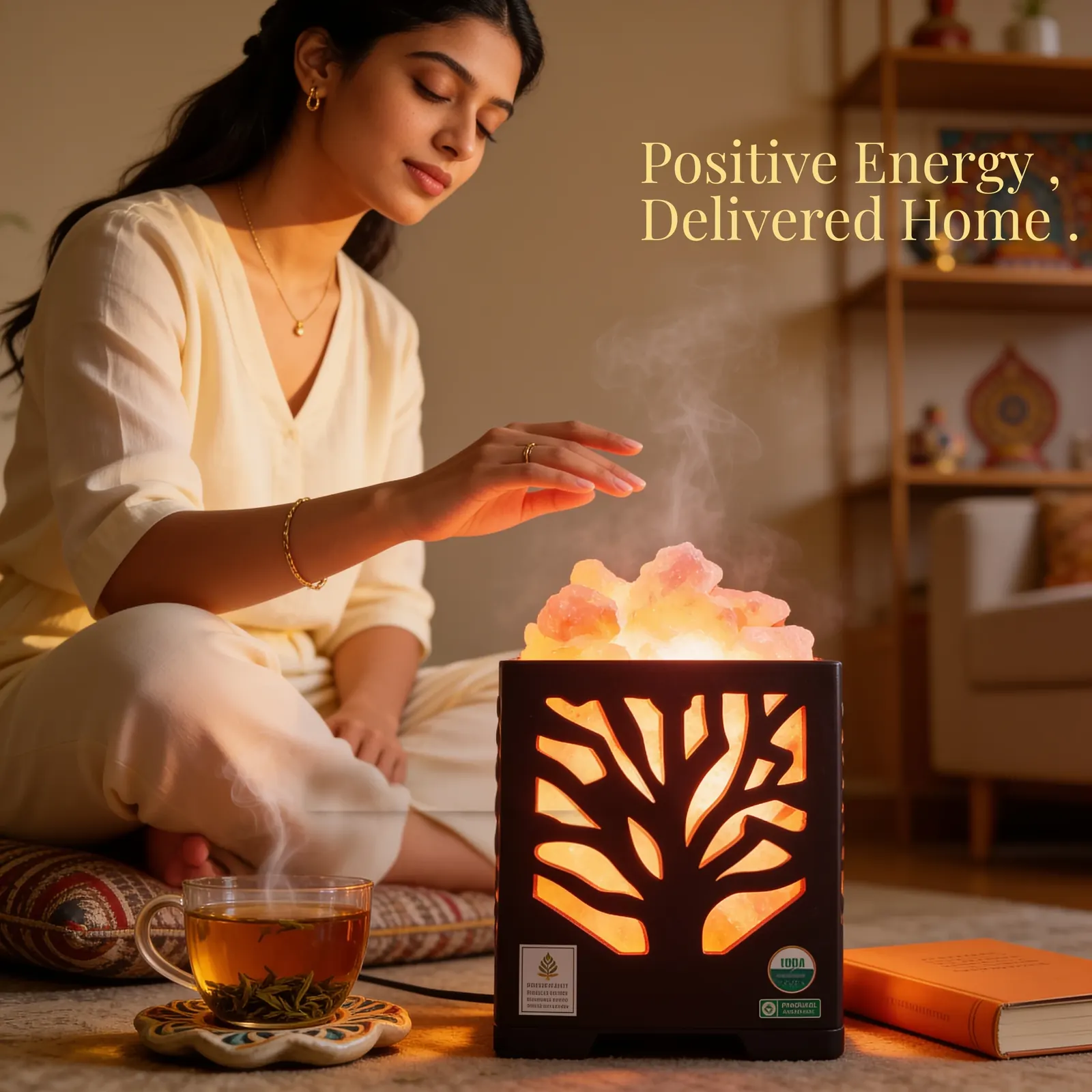 Woman meditating beside a glowing Namah salt lamp